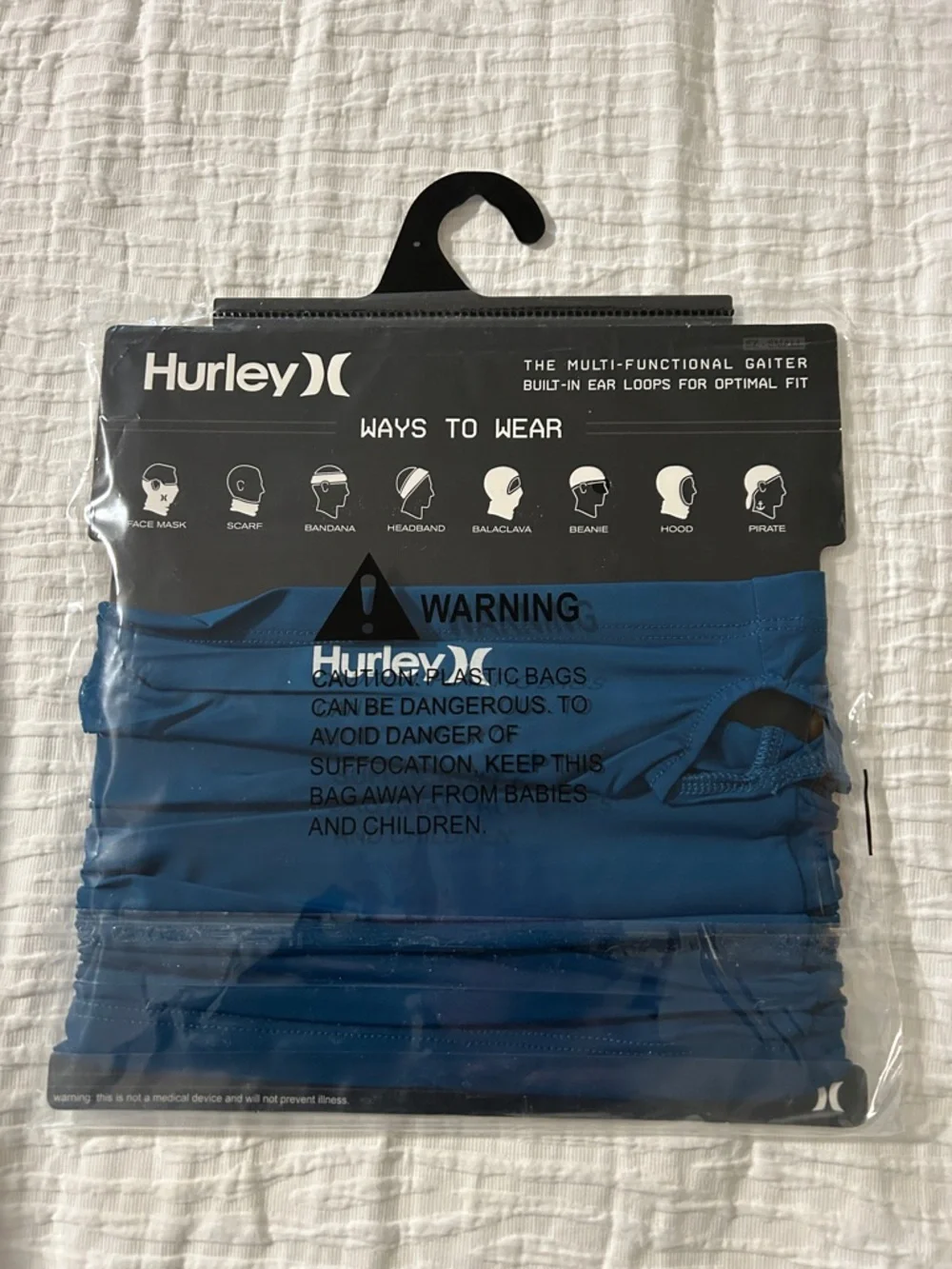 Hurley Blue Multifunctional Neck Gaiter with White Logo. New